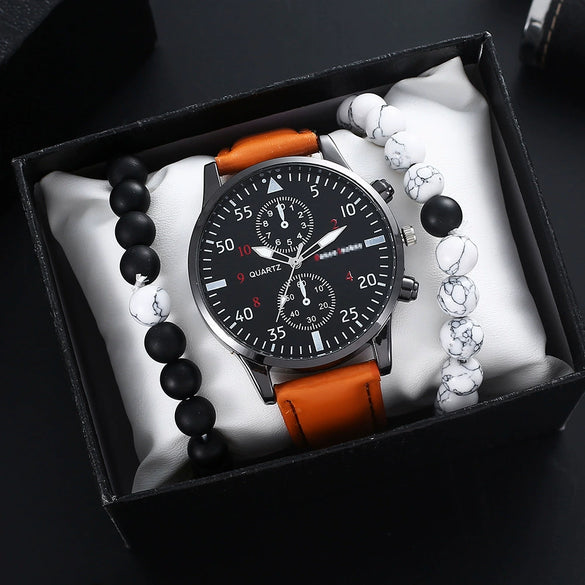 Men's Fashion Student Quartz Watch Set With Round Dial Stainless Steel Clasp And Imitation Leather Strap