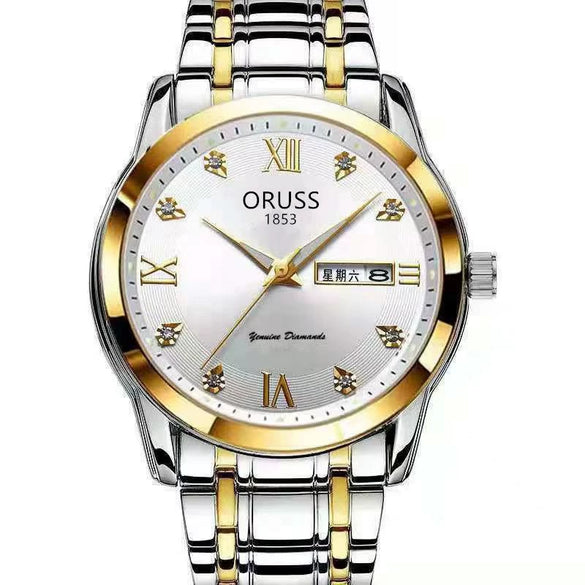 Men's Fashion Waterproof Alloy Band Quartz Watches With Double Calendar And Round Dial