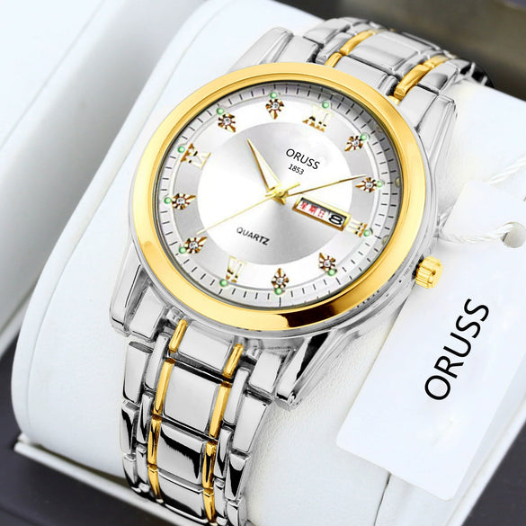 Men's Fashion Waterproof Alloy Band Quartz Watches With Double Calendar And Round Dial