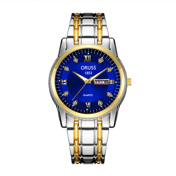 Men's Fashion Waterproof Alloy Band Quartz Watches With Double Calendar And Round Dial