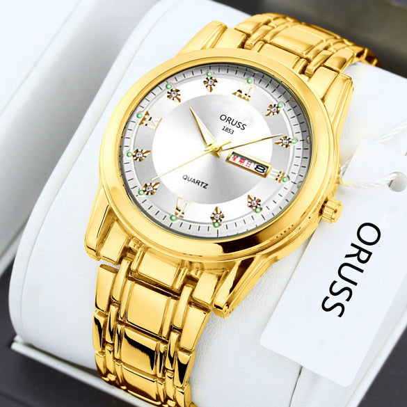 Men's Fashion Waterproof Alloy Band Quartz Watches With Double Calendar And Round Dial