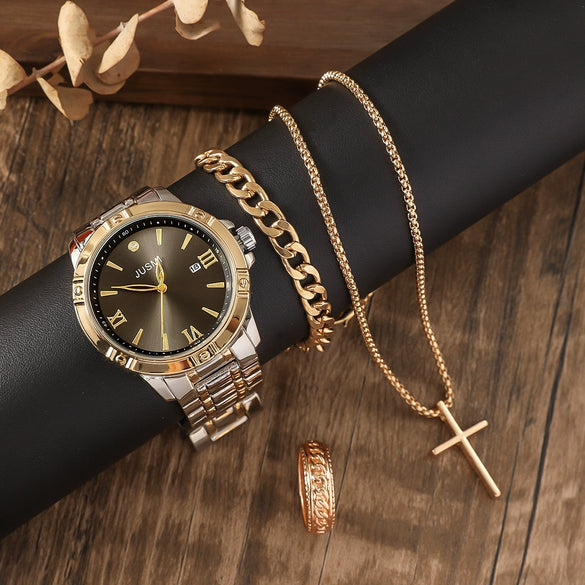 Men's Fashionable Alloy Case Titanium Alloy Strap Rectangular Dial Watch And Ring Set