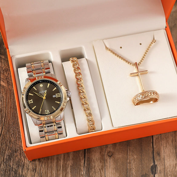 Men's Fashionable Alloy Case Titanium Alloy Strap Rectangular Dial Watch And Ring Set