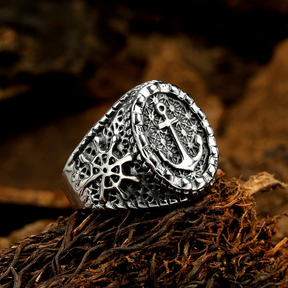 Men's Fashionable Exaggerated Anchor Cross Ring Hip Hop Jewelry Stainless Steel Geometric Polishing