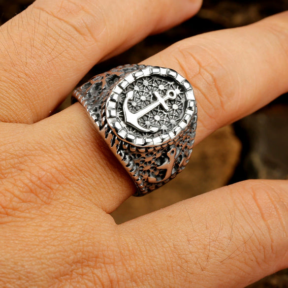 Men's Fashionable Exaggerated Anchor Cross Ring Hip Hop Jewelry Stainless Steel Geometric Polishing