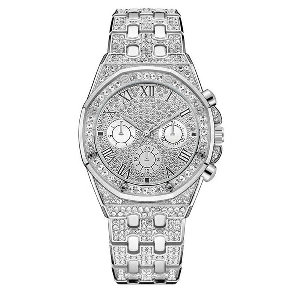 Men's Fashionable Steel Band Diamond Watch With Roman Numeral And Round Dial