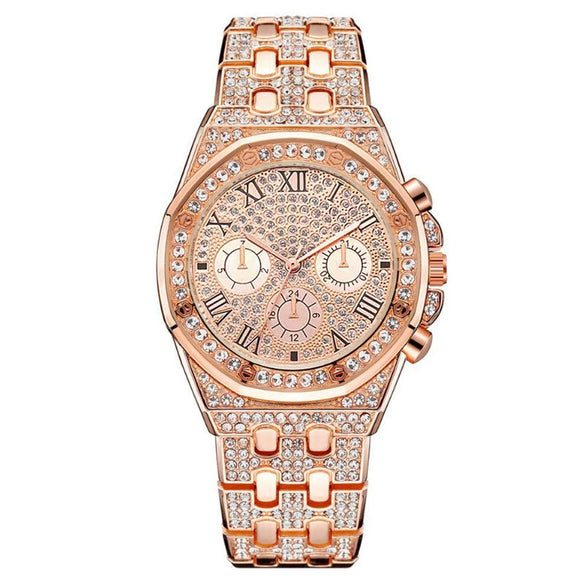 Men's Fashionable Steel Band Diamond Watch With Roman Numeral And Round Dial