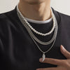 Men's Feather Pendant Multilayer Pearl Metal Alloy Necklace Retro Style