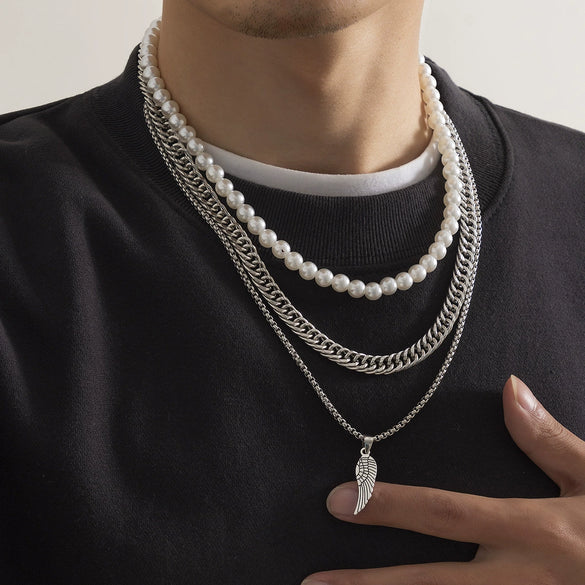 Men's Feather Pendant Multilayer Pearl Metal Alloy Necklace Retro Style