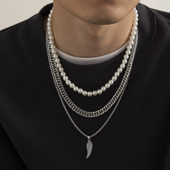 Men's Feather Pendant Multilayer Pearl Metal Alloy Necklace Retro Style