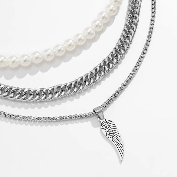 Men's Feather Pendant Multilayer Pearl Metal Alloy Necklace Retro Style