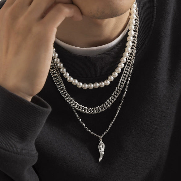 Men's Feather Pendant Multilayer Pearl Metal Alloy Necklace Retro Style