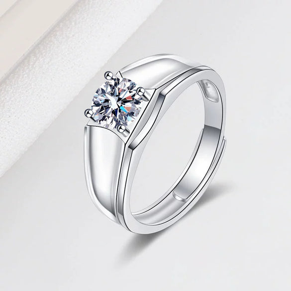 Men's Geometric Silver Ring With Concave Edge And Four Claw Setting Electroplated Open Adjustable Wedding Band Fashion Gift