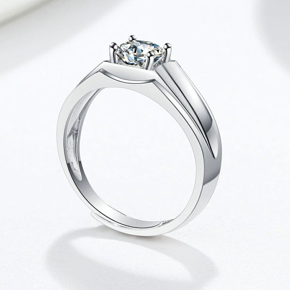 Men's Geometric Silver Ring With Concave Edge And Four Claw Setting Electroplated Open Adjustable Wedding Band Fashion Gift
