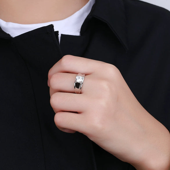 Men's Geometric Silver Ring With Concave Edge And Four Claw Setting Electroplated Open Adjustable Wedding Band Fashion Gift