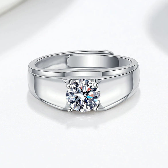 Men's Geometric Silver Ring With Concave Edge And Four Claw Setting Electroplated Open Adjustable Wedding Band Fashion Gift