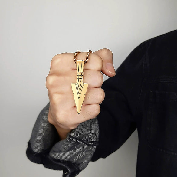 Men's Geometric Spearhead Pendant Necklace In Stainless Steel With Ochain Hiphop Style