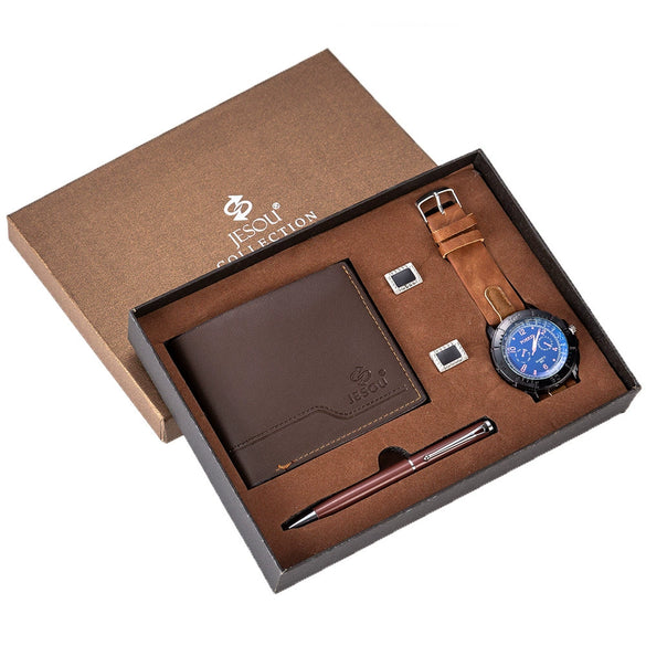 Men's Gift Set With Alloy Case Ordinary Glass Mirror Pu Strap Round Dial Leisure Style Watch Wallet Cufflinks Pen Set
