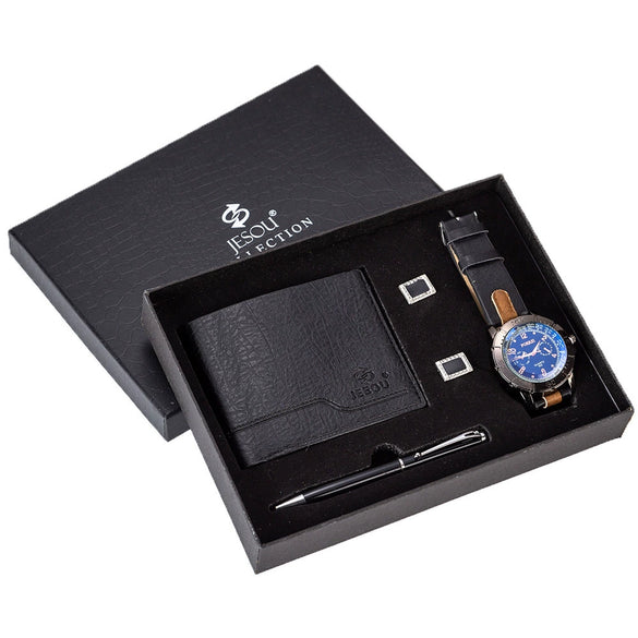 Men's Gift Set With Alloy Case Ordinary Glass Mirror Pu Strap Round Dial Leisure Style Watch Wallet Cufflinks Pen Set