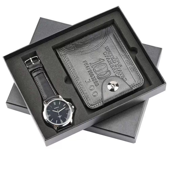 Men's Gift Set With Alloy Watch Pu Belt And Wallet Leisure Style Round Dial Pin Buckle Stainless Steel Clasp