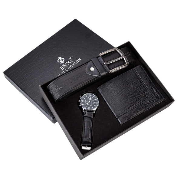 Men's Gift Set With Alloy Watch Pu Belt And Wallet Leisure Style Round Dial Pin Buckle Stainless Steel Clasp