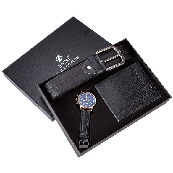 Men's Gift Set With Alloy Watch Pu Belt And Wallet Leisure Style Round Dial Pin Buckle Stainless Steel Clasp