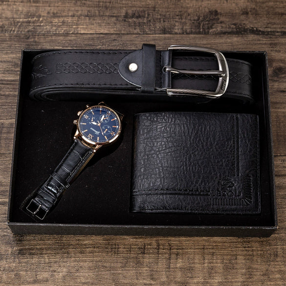 Men's Gift Set With Alloy Watch Pu Belt And Wallet Leisure Style Round Dial Pin Buckle Stainless Steel Clasp