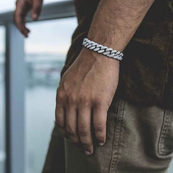 Men's Gold Finish Alloy Miami Cuban Link Bracelet With Ice Glitter Rhinestone Crystal Geometric Hip Hop Style Electroplated Design
