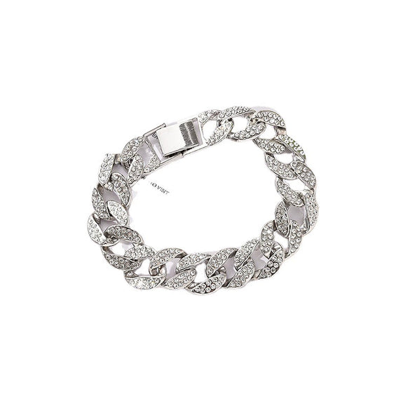 Men's Gold Finish Alloy Miami Cuban Link Bracelet With Ice Glitter Rhinestone Crystal Geometric Hip Hop Style Electroplated Design