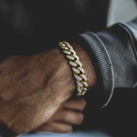 Men's Gold Finish Alloy Miami Cuban Link Bracelet With Ice Glitter Rhinestone Crystal Geometric Hip Hop Style Electroplated Design
