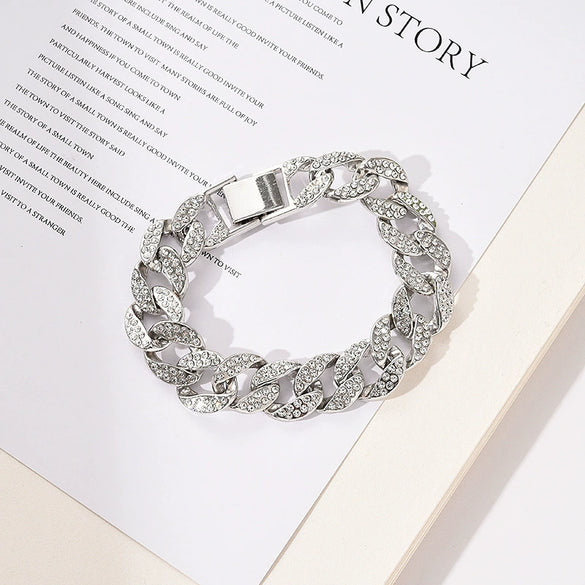 Men's Gold Finish Alloy Miami Cuban Link Bracelet With Ice Glitter Rhinestone Crystal Geometric Hip Hop Style Electroplated Design