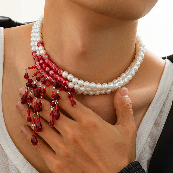 Men's Halloween Imitation Pearls And Artificial Crystal Handmade U Shape Tassel Necklace