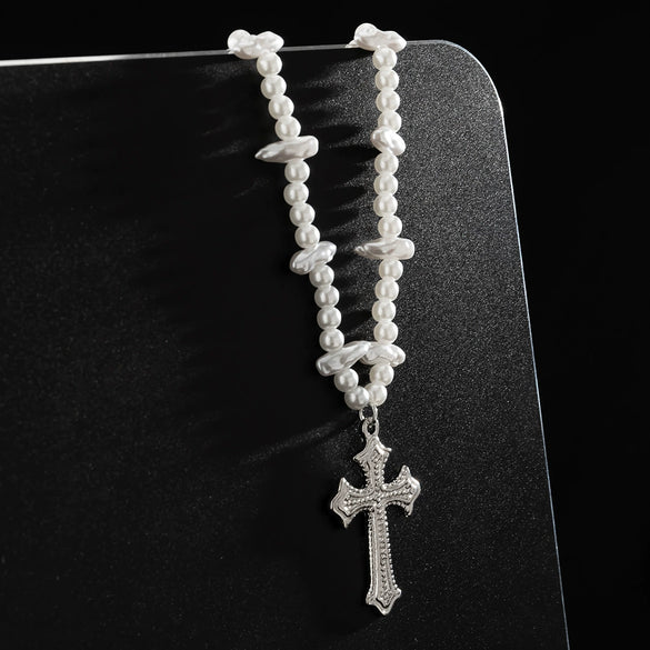 Men's Handmade Alloy Imitation Pearl Cross Geometric Hip Hop Necklace