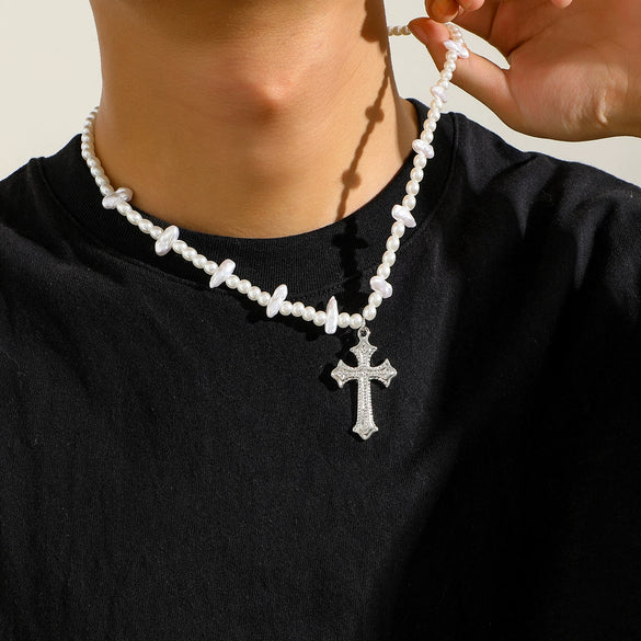 Men's Handmade Alloy Imitation Pearl Cross Geometric Hip Hop Necklace