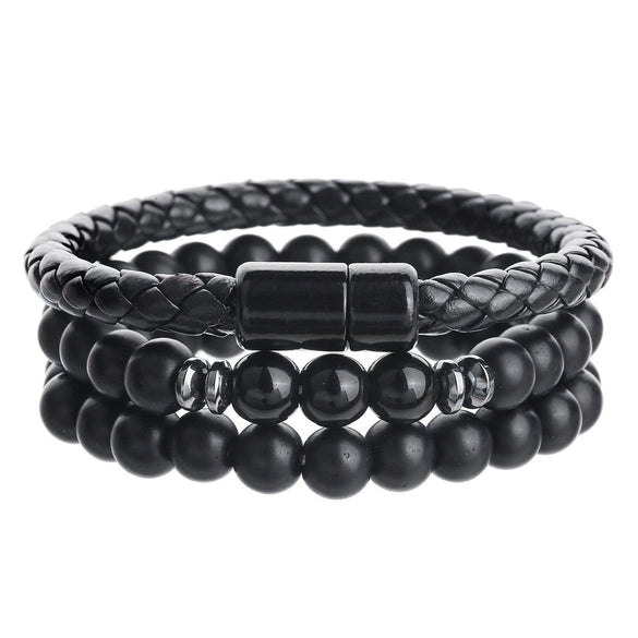 Men's Handmade Beaded Bracelet With Black Onyx Tiger Eye Leather And Geometric Pattern