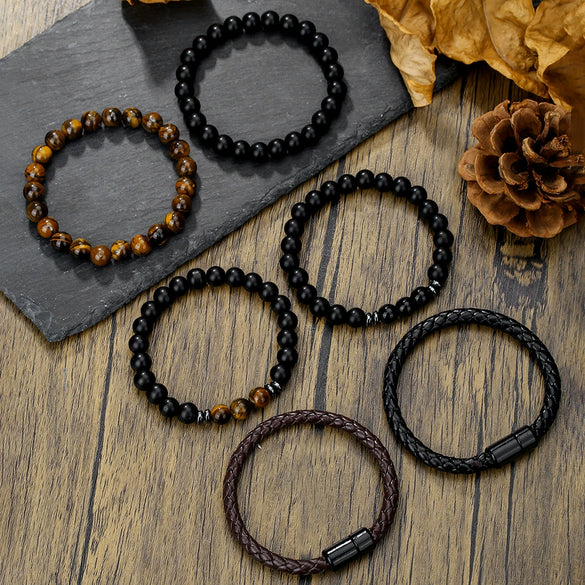 Men's Handmade Beaded Bracelet With Black Onyx Tiger Eye Leather And Geometric Pattern