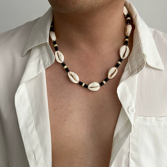 Men's Handmade Geometric Shell And Wood Bead Necklace