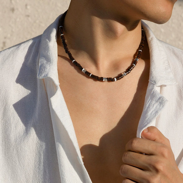 Men's Handmade Geometric Wooden Bead Necklace Hiphop Style