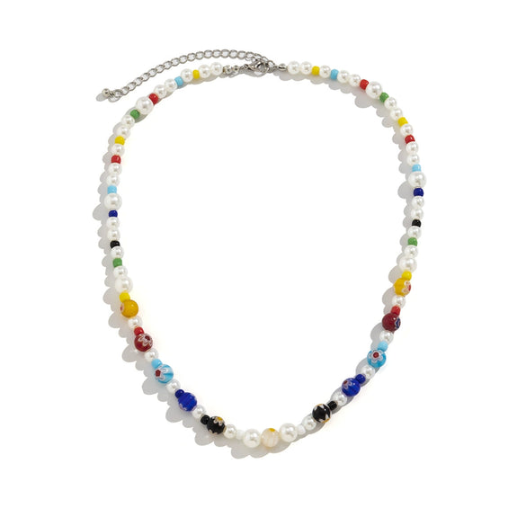 Men's Handmade Glass And Imitation Pearl Ball Chain Necklace With Geometric Pattern And Artificial Crystal Pendant