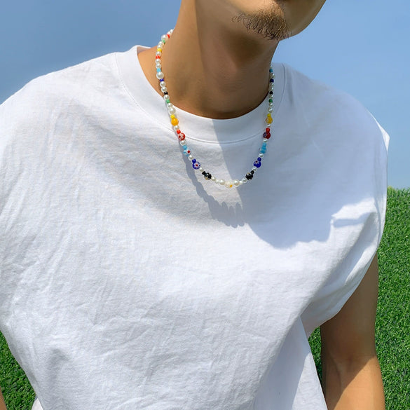 Men's Handmade Glass And Imitation Pearl Ball Chain Necklace With Geometric Pattern And Artificial Crystal Pendant
