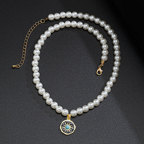 Men's Handmade Hiphop Imitation Pearl And Alloy Small Sun Turquoise Pendant Clavicle Chain Jewelry