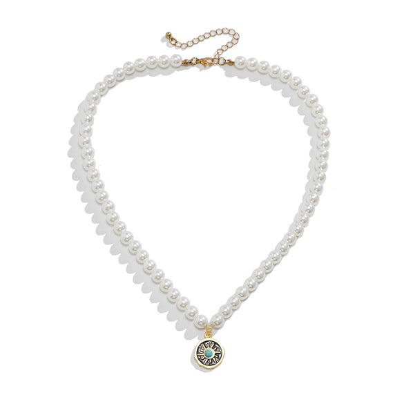 Men's Handmade Hiphop Imitation Pearl And Alloy Small Sun Turquoise Pendant Clavicle Chain Jewelry