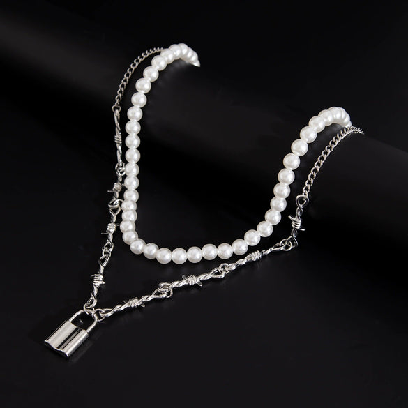 Men's Handmade Imitation Pearl And Alloy Geometric Style Lock Pendant Necklace