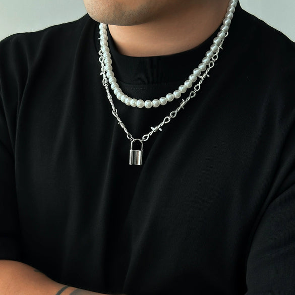Men's Handmade Imitation Pearl And Alloy Geometric Style Lock Pendant Necklace