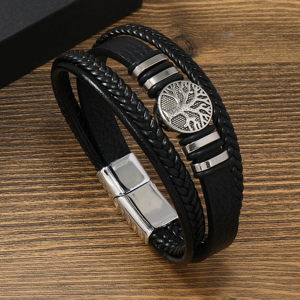 Men's Handmade Leather Bracelet With Alloy Magnet Buckle And Tree Of Life Leaves Pattern