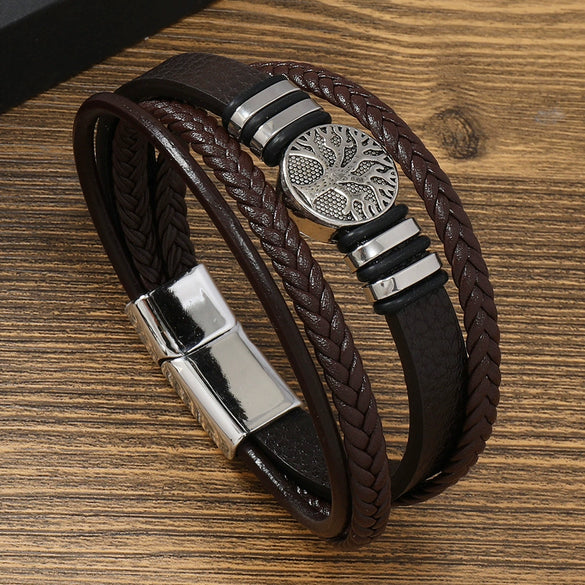 Men's Handmade Leather Bracelet With Alloy Magnet Buckle And Tree Of Life Leaves Pattern