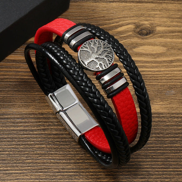 Men's Handmade Leather Bracelet With Alloy Magnet Buckle And Tree Of Life Leaves Pattern