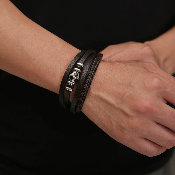Men's Handmade Multilayer Alloy Leather Bracelet Sports Football Style
