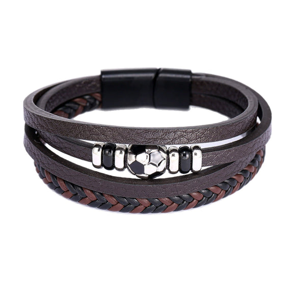 Men's Handmade Multilayer Alloy Leather Bracelet Sports Football Style
