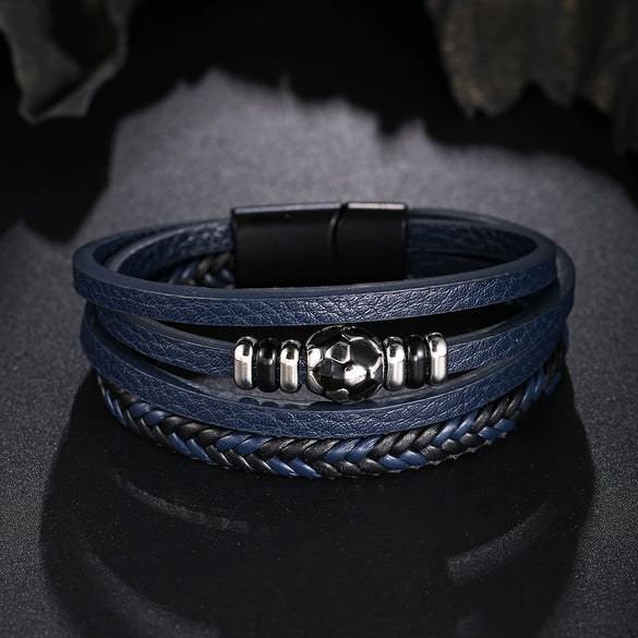 Men's Handmade Multilayer Alloy Leather Bracelet Sports Football Style